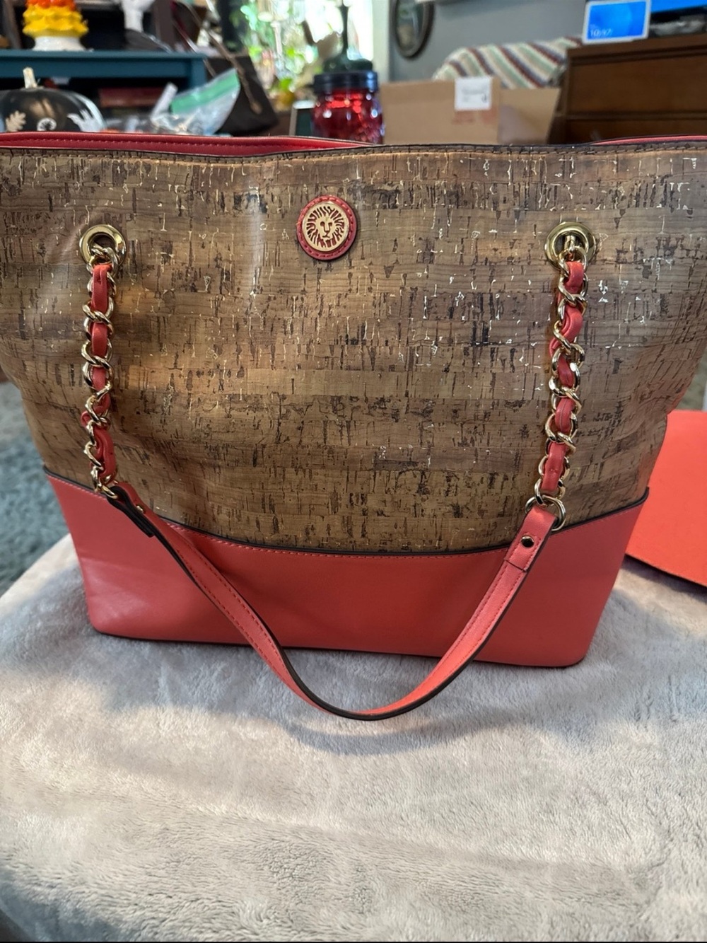 Anne Klein Cork & Coral Pink Metallic Tote Bag Gold Chain Shoulder Strap
